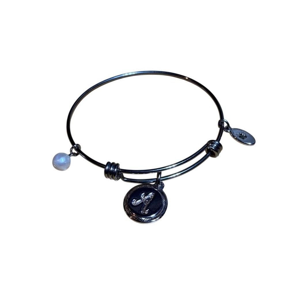 Unwritten Cursive “A” Pearl Silver Metal Charm Bangle
